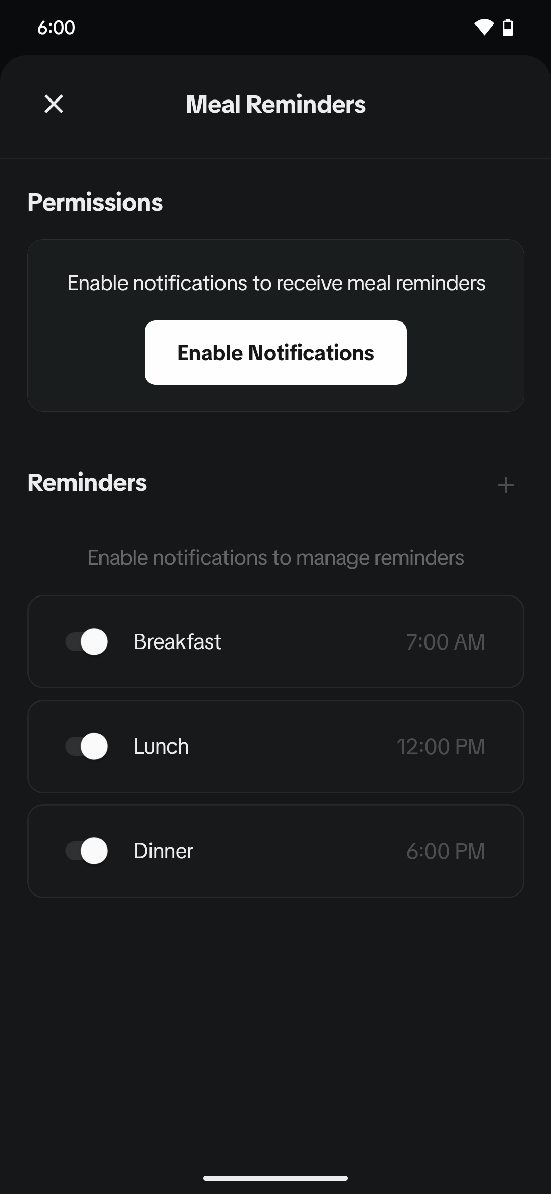 Meal Reminders page